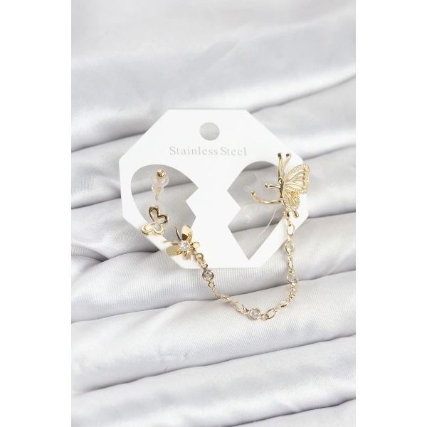 Kelebekli Model Pirinç Gold Renk Zincir Bağlantılı Ear Cuff Küpe Seti