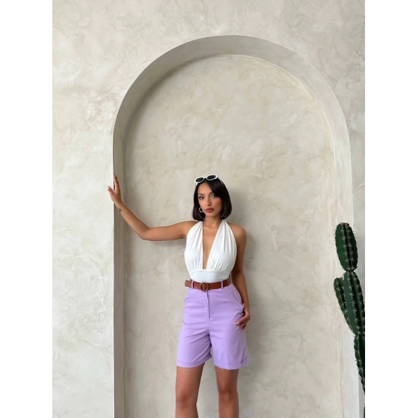 Kemerli gabardin şort lila s25735