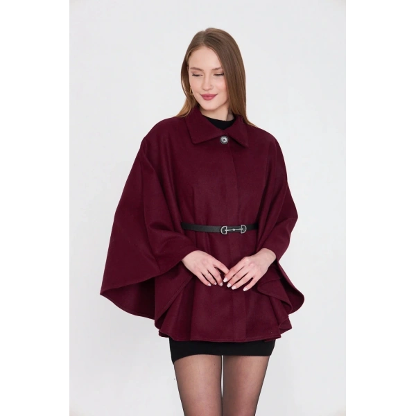 Kemerli kaşe panço bordo pt