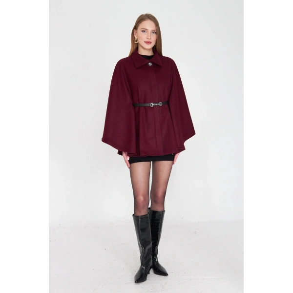 Kemerli kaşe panço bordo pt