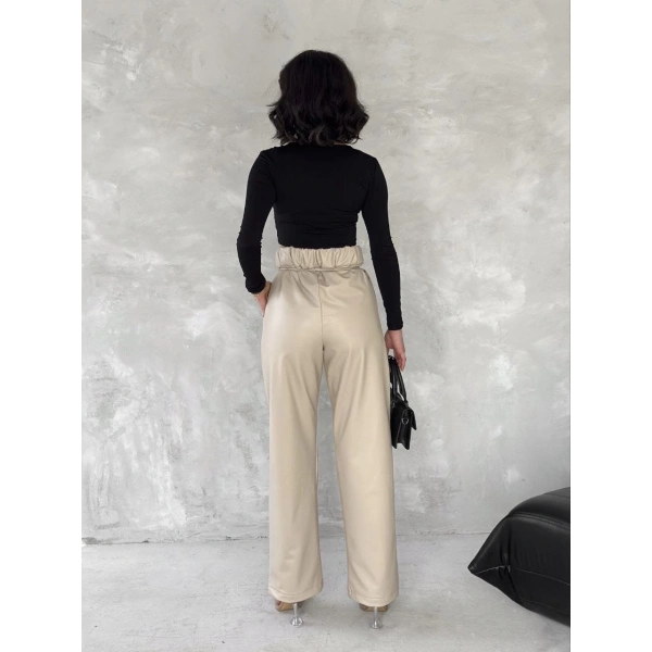 Kendinden ince kemerli deri pantolon bej t1178