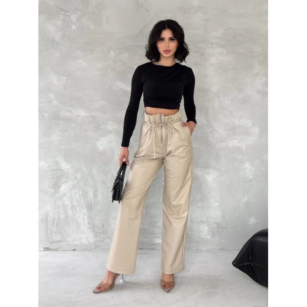 Kendinden ince kemerli deri pantolon bej t1178