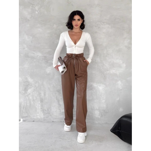 Kendinden ince kemerli deri pantolon kahve t1178