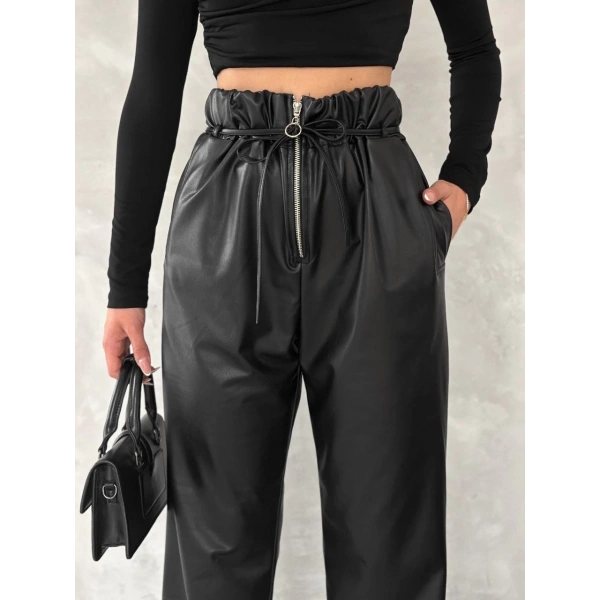 Kendinden ince kemerli deri pantolon siyah t1178