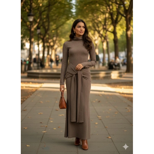 Kendinden kemerli uzun elbise vizon