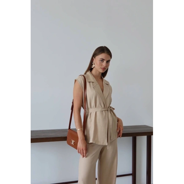 Keten yelek pantolon takım bej pt