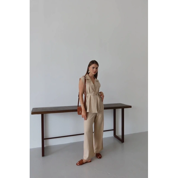 Keten yelek pantolon takım bej pt
