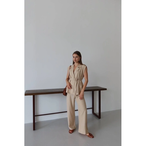 Keten yelek pantolon takım bej pt