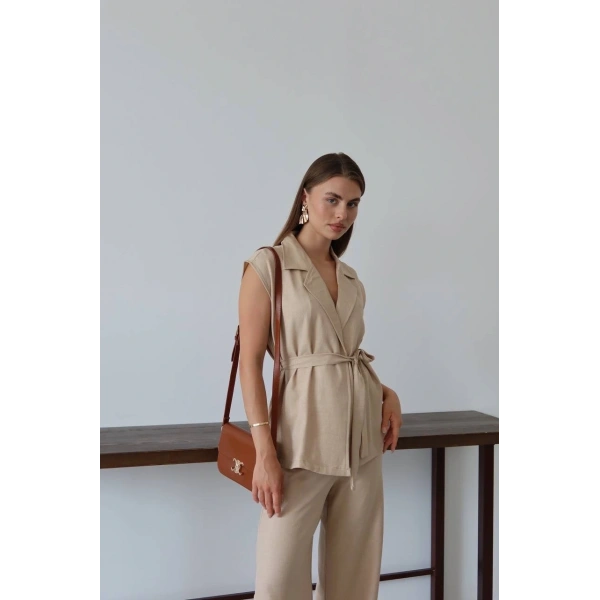 Keten yelek pantolon takım bej pt