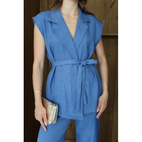 Keten yelek pantolon takım indigo pt