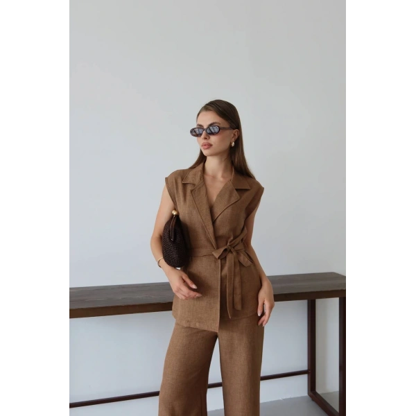 Keten yelek pantolon takım kahve pt