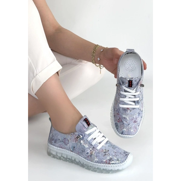 Kinte Lila Desenli Deri Bağcıklı Spor Ayakkabı