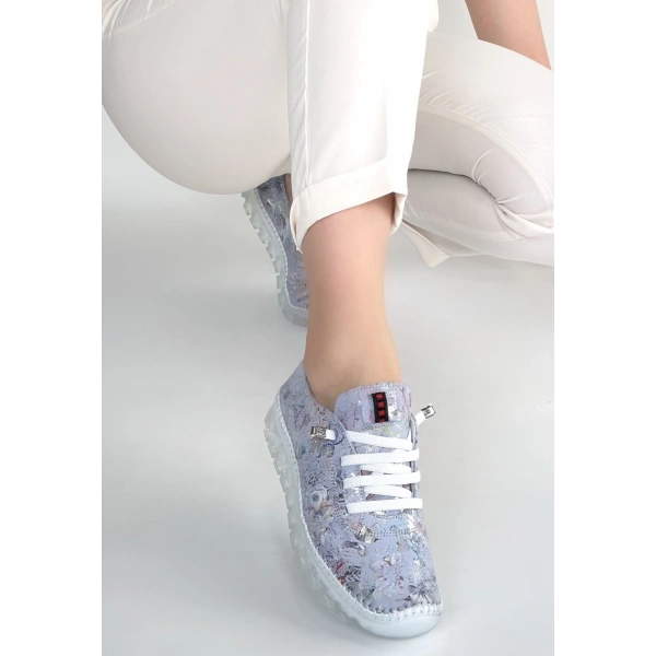 Kinte Lila Desenli Deri Bağcıklı Spor Ayakkabı