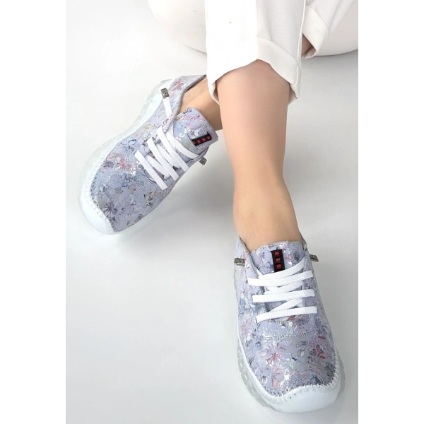 Kinte Lila Desenli Deri Bağcıklı Spor Ayakkabı