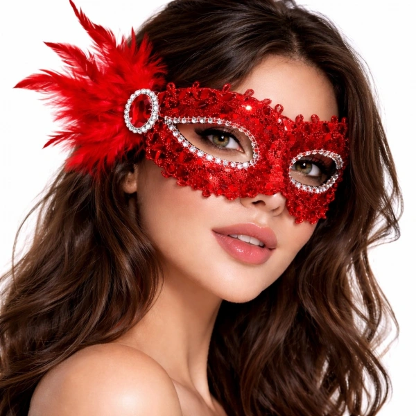 Kırmızı Taşlı Venedik Parti Maskesi – Tüylü Payetli