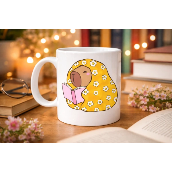 Kitap Okuyan Kapibara Desenli Porselen Kupa MODEL 102 – Sıcacık Tasarım , Kahve & Çay Kupası , Kitap Severlere Özel Hediyelik