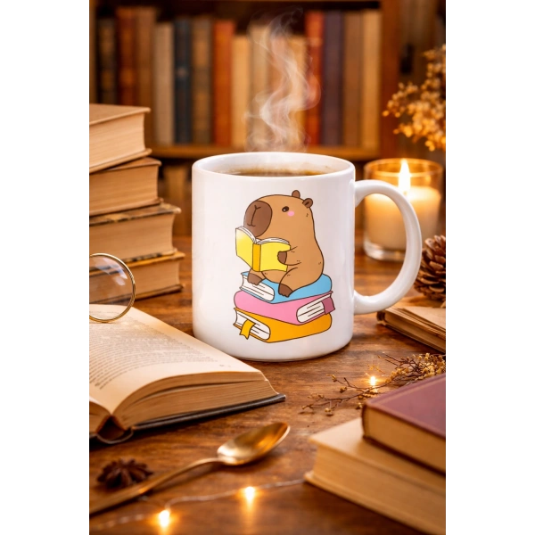 Kitap Okuyan Kapibara Tasarımlı Porselen Kupa MODEL 100 – Kahve & Çay Keyfi İçin Sıcacık ve Sevimli Tasarım CAPYBARA