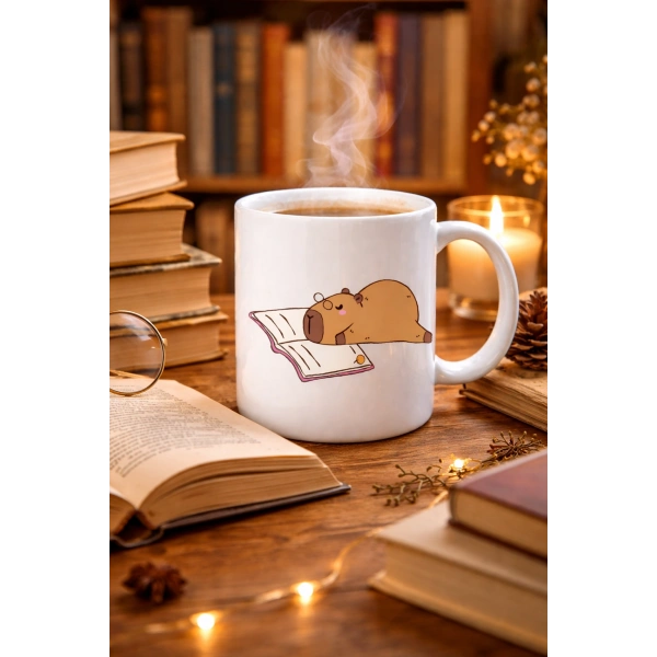Kitap Okuyan Kapibara Tasarımlı Porselen Kupa MODEL 99 – Sıcacık Kahve Keyfi İçin Sevimli Tasarım