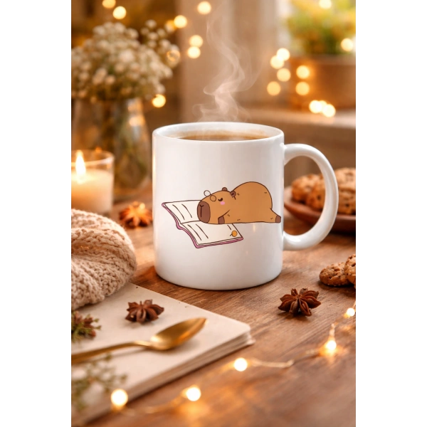 Kitap Okuyan Kapibara Tasarımlı Porselen Kupa MODEL 99 – Sıcacık Kahve Keyfi İçin Sevimli Tasarım