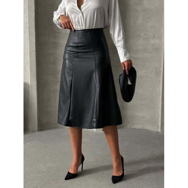 Komple parçalı deri etek siyah h26441