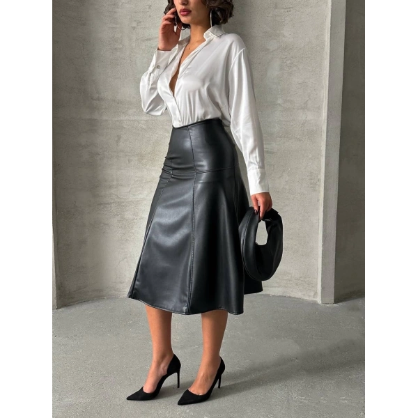 Komple parçalı deri etek siyah h26441