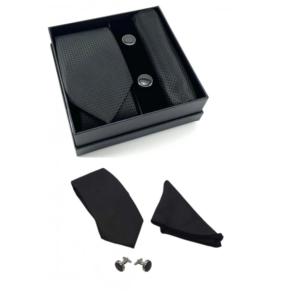 Kravat Düğme Set Siyah Desenli Kravat Mendil Kol Düğmesi Özel Set