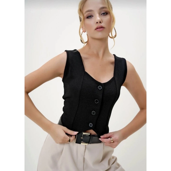 Krep kumaş düğmeli yelek siyah s3395