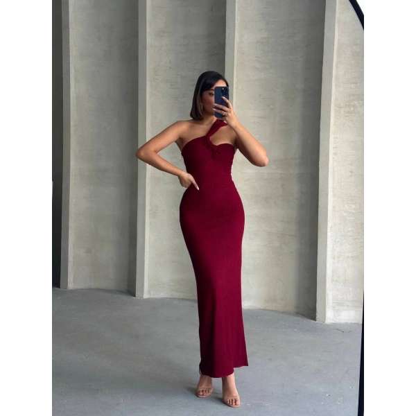 Krinkıl tek omuz uzun elbise bordo s25455