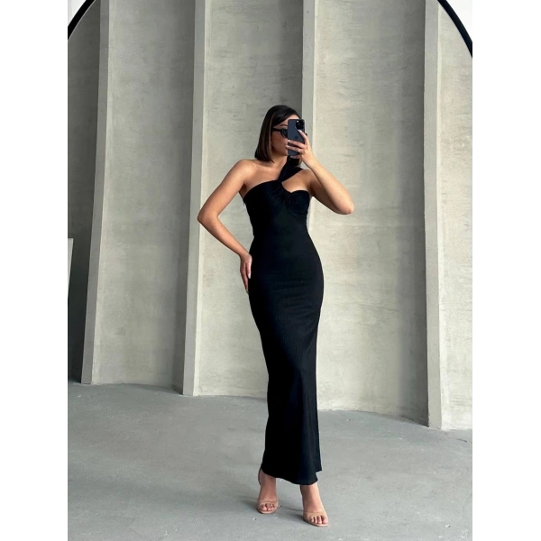 Krinkıl tek omuz uzun elbise siyah s25455