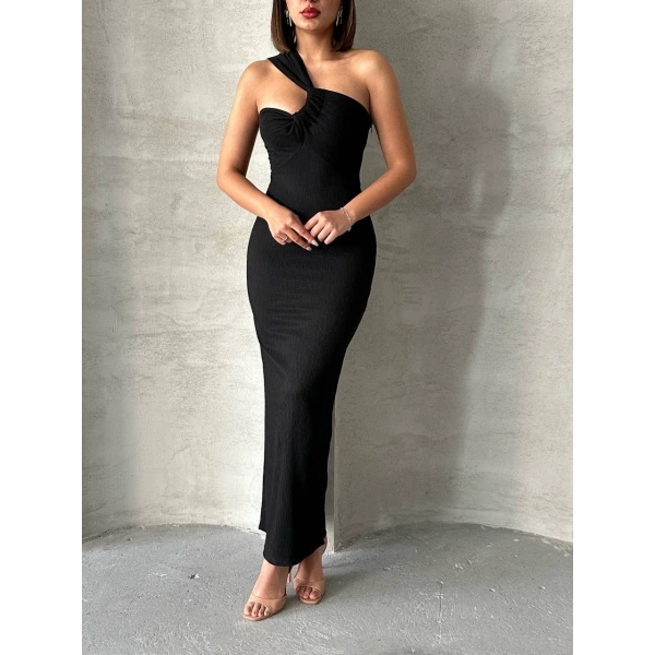 Krinkıl tek omuz uzun elbise siyah s25455