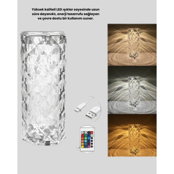 Kristal RGB LED Masa Lambası – Renkli Kumandalı Işık, Dekoratif ve Enerji Tasarruflu