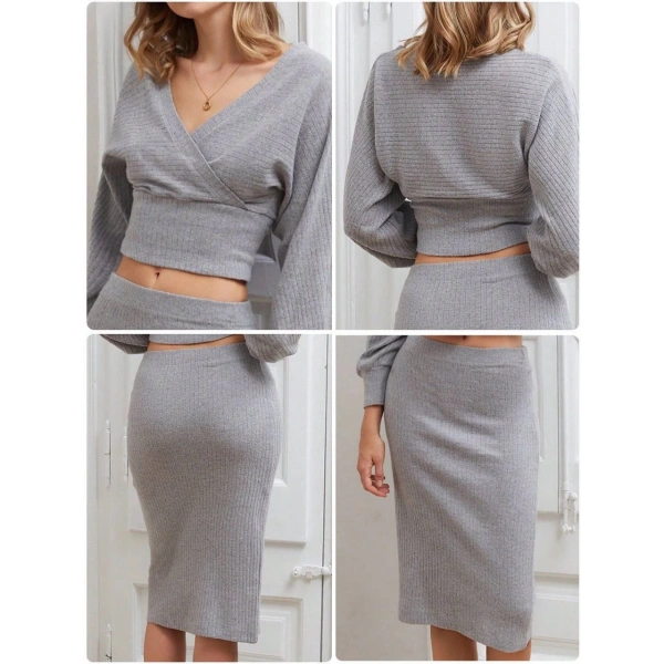 Kruvaze şardonlu etekli takım gri