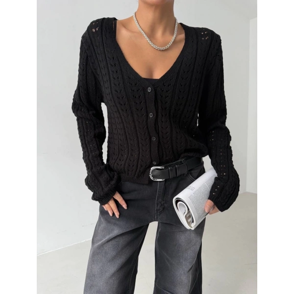 Küçük düğmeli küçük örgülü triko hırka siyah