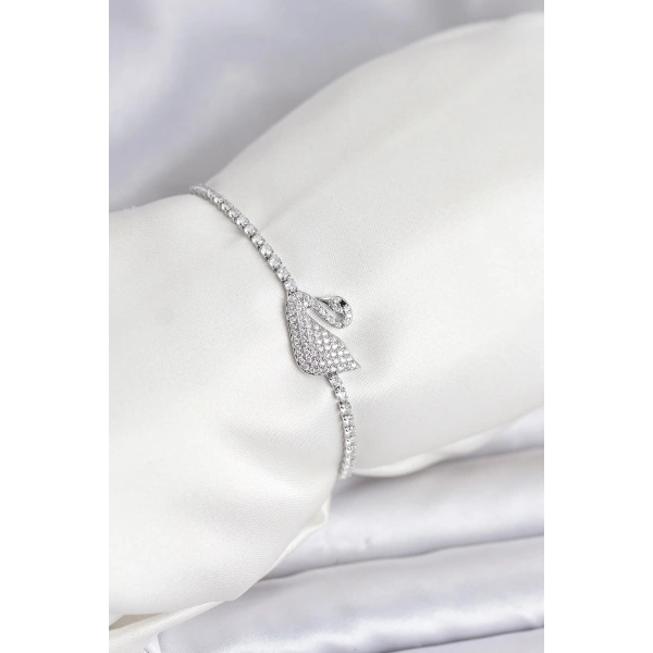 Kuğu Model Zirkon Taşlı Gümüş Renk Asansörlü Su Yolu Bileklik