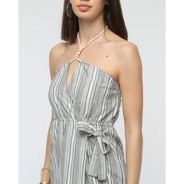 Kuşaklı çizgili mini keten elbise