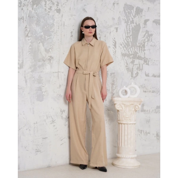 Kuşaklı gömlek yaka salaş tulum bej s255822