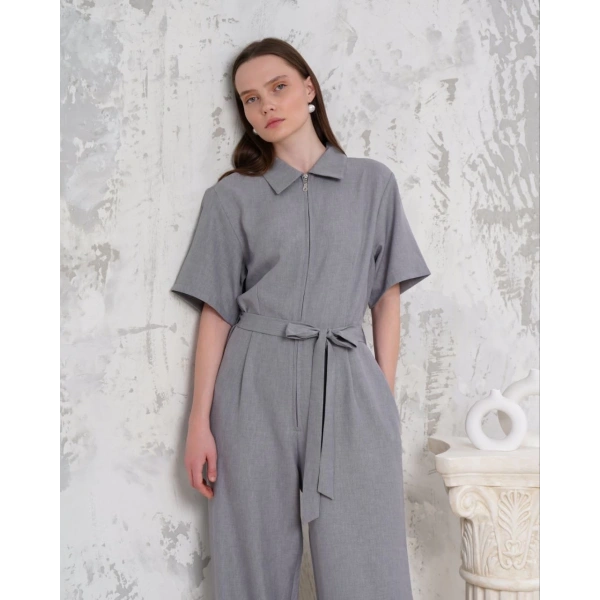 Kuşaklı gömlek yaka salaş tulum gri s255822
