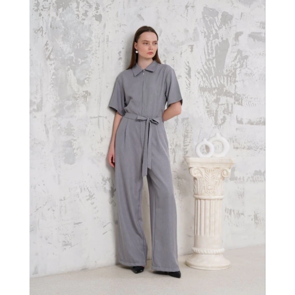 Kuşaklı gömlek yaka salaş tulum gri s255822