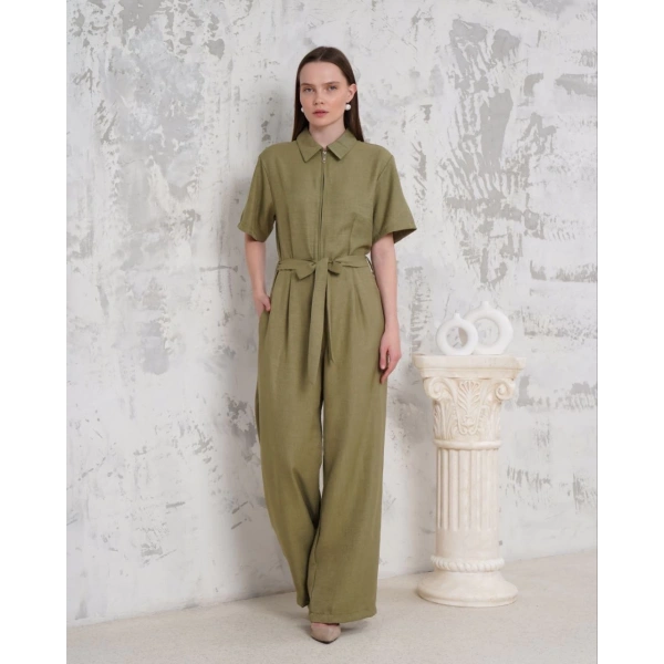 Kuşaklı gömlek yaka salaş tulum haki s255822