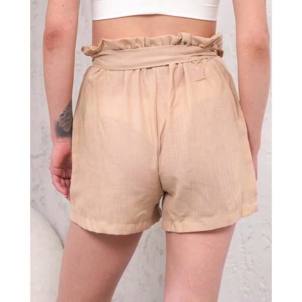 Kuşaklı keten şort bej s255265