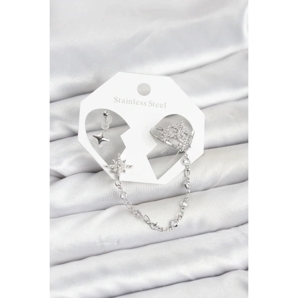 Kutup Yıldızı Model Pirinç Gümüş Renk Zincir Bağlantılı Ear Cuff Küpe Seti