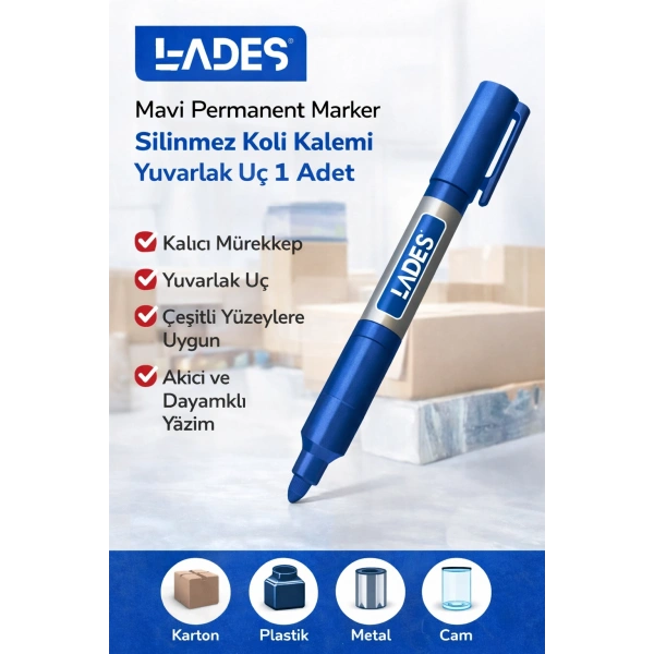 Lades Mavi Permanent Marker Silinmez Koli Kalemi Yuvarlak Uç 1 Adet