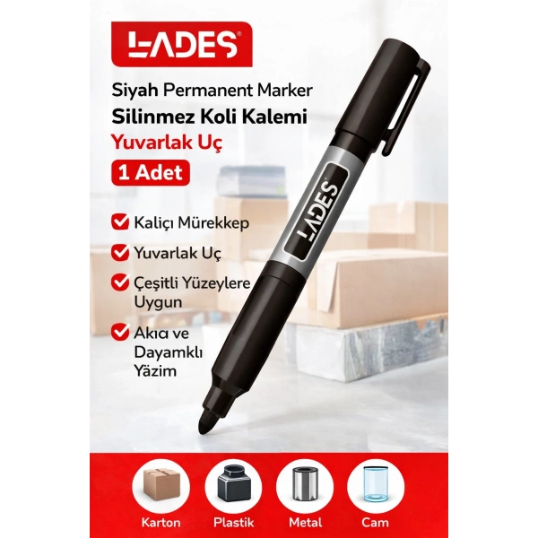 Lades Siyah Permanent Marker Silinmez Koli Kalemi Yuvarlak Uç 1 Adet