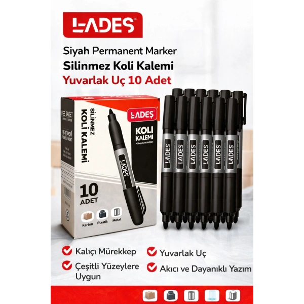 Lades Siyah Permanent Marker Silinmez Koli Kalemi Yuvarlak Uç 10 Adet