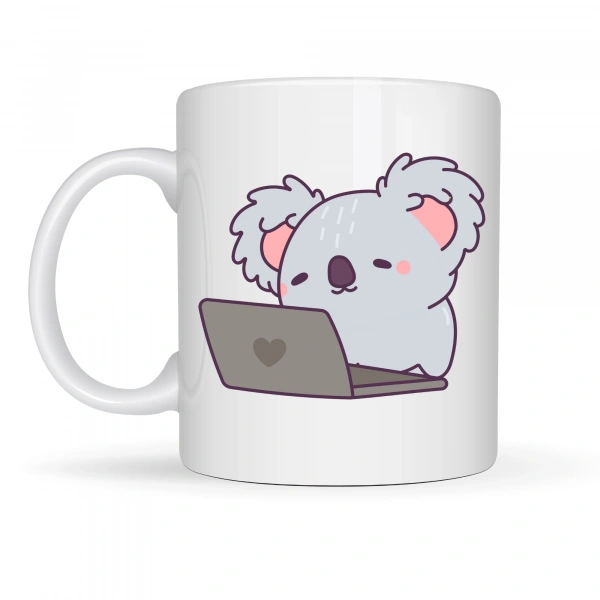 Laptoplu Koala Desenli Porselen Kupa MODEL 111 – Sevimli Ofis Kupası , Çalışanlara Özel Tatlı Hediye