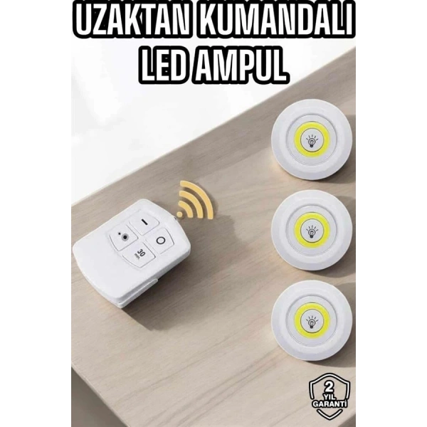 Led Lamba 3lü Uzaktan Kumandalı Yapışkanlı Beyaz Işık