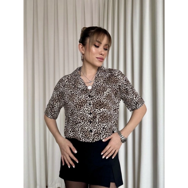 Leopar desenli crop gömlek