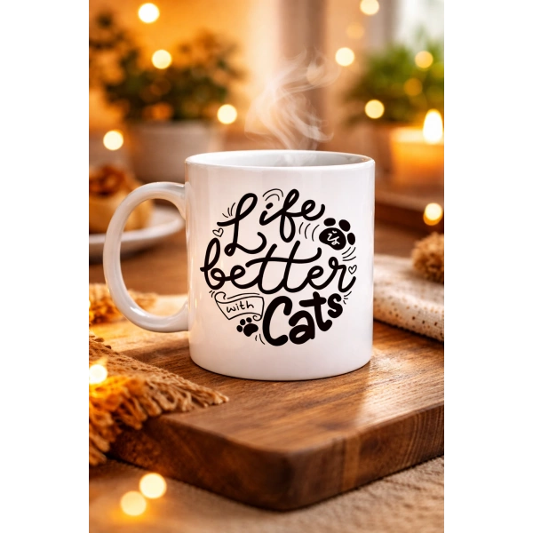 Life is Better With Cats – Kedi Severlere Özel Porselen Kupa MODEL 59 Sevimli Tasarım Hediyelik Kahve Kupası