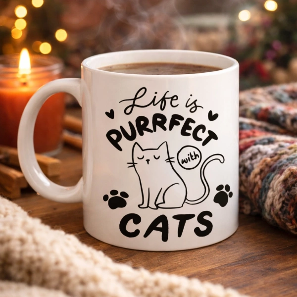 Life is Purrfect with Cats – Kedi Desenli Porselen Kupa MODEL 62 Sevimli Kedi Figürlü Kahve Kupası