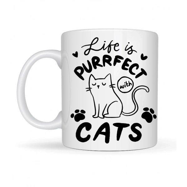 Life is Purrfect with Cats – Kedi Desenli Porselen Kupa MODEL 62 Sevimli Kedi Figürlü Kahve Kupası